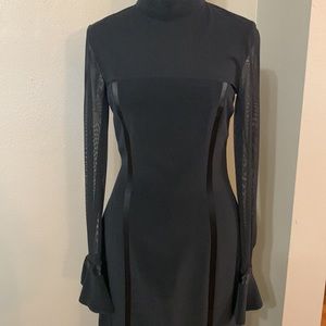 Vintage impeccable Oleg Cassini black dress size 6 high sheer neck bell sleeve